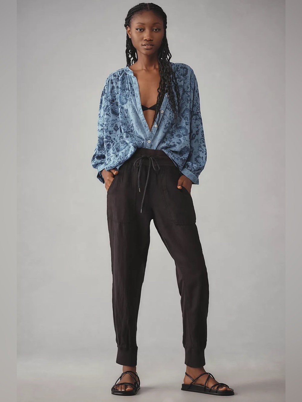 Anthro The Nomad High Rise Joggers Black Lyocell Linen Pull On Pants S